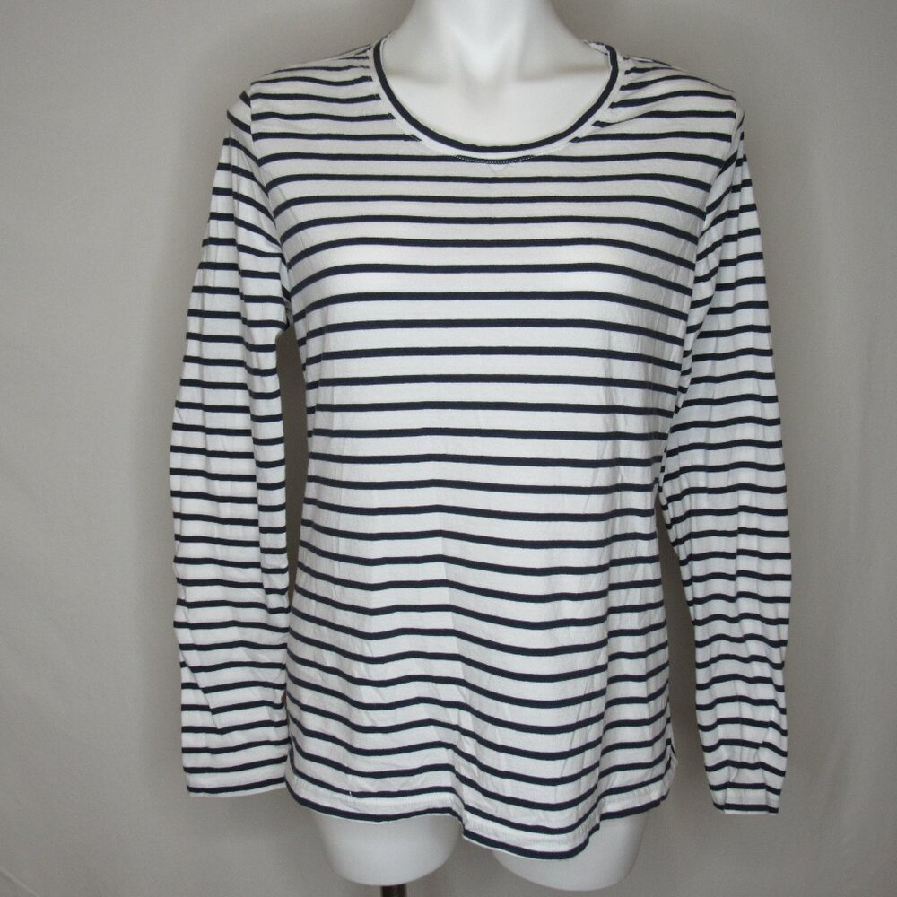 Duluth Trading Co. White Blue Stripe Long Tail Tee Long Sleeve Women's XL XLarge